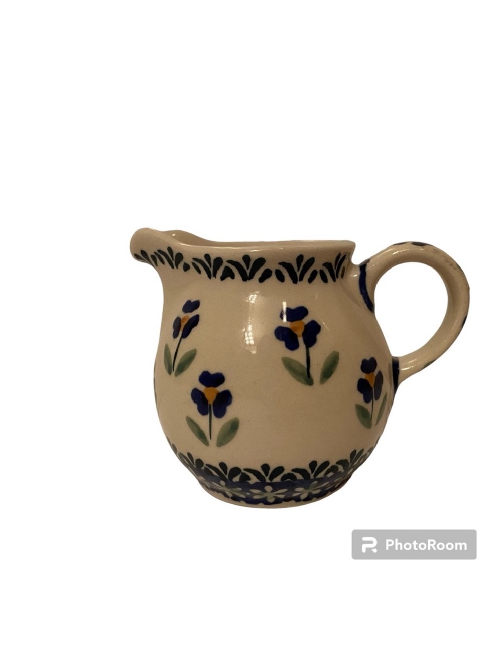 POLISH POTTERY CREAMER MINI PITCHER BLUE WHITE GREEN HANDMADE HOME BOLESLAWIEC